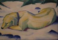 Franz Marc Cane accucciato sulla neve 1911